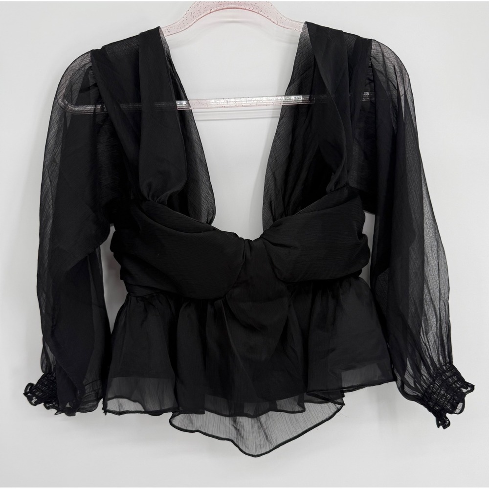 Dee Elly Black Deep V-Neck Peplum Top Sheer Long Sleeve Womens Sz S